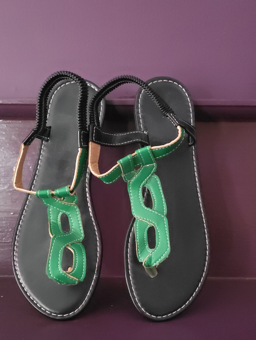 Women’s Green Leather T-Strap Sandals